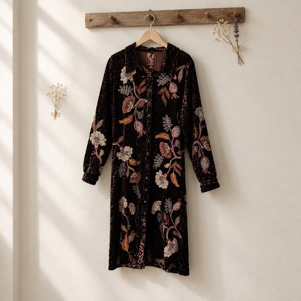 Johnny Was Gineva Velvet Shirt Dress M Leopard Floral Embroidered J30025-8 NWT